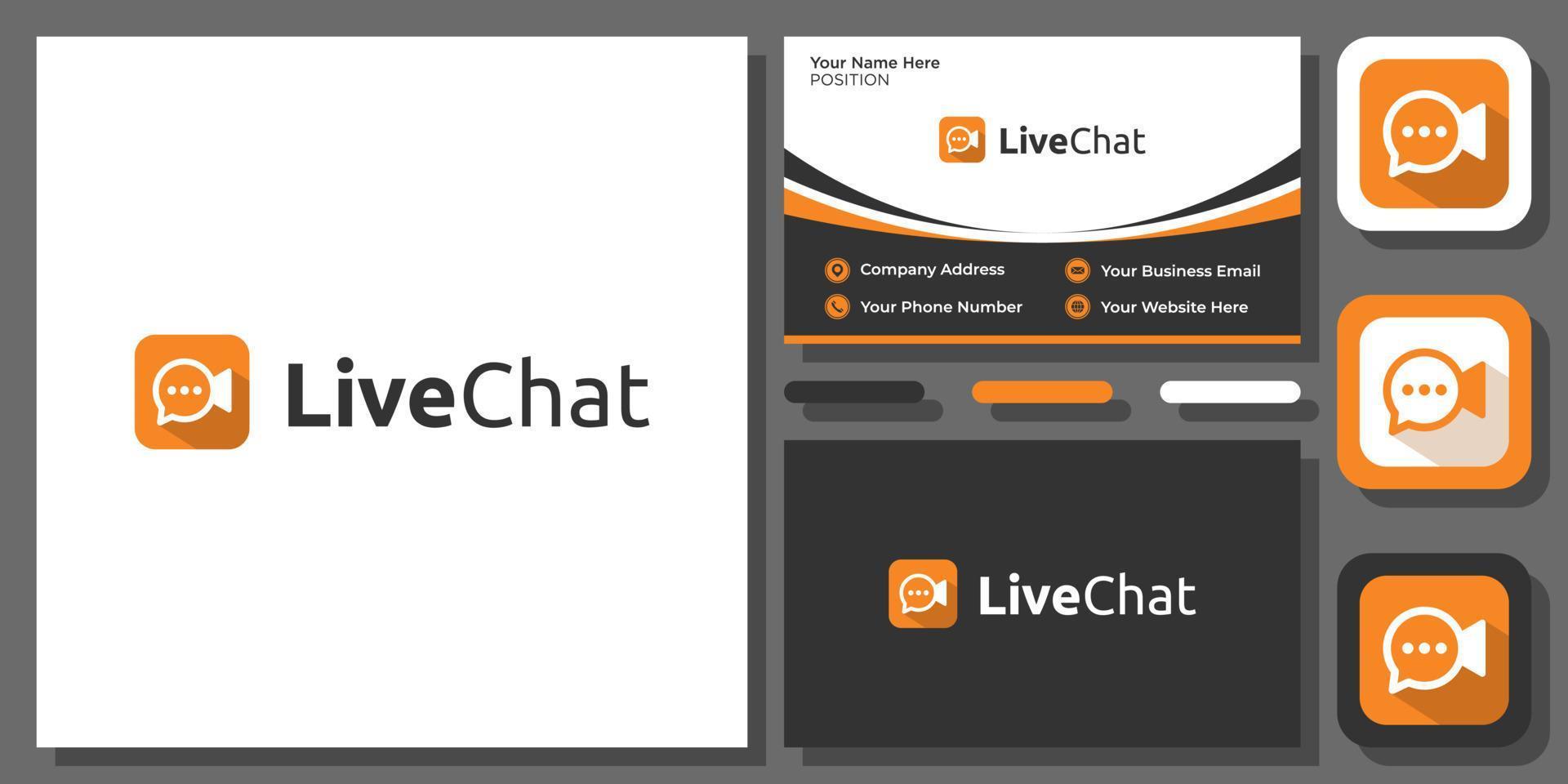 live chat video tal prata meddelande kommunikation tala ikon vektor logotyp design med visitkort