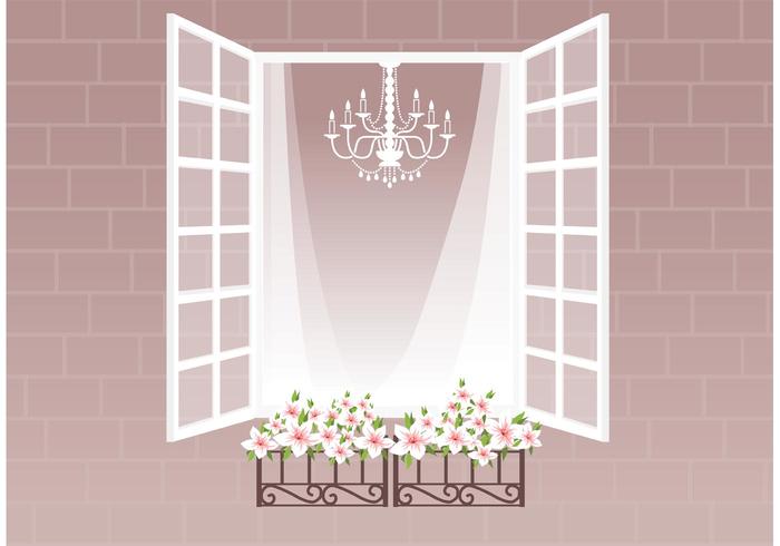 Gratis fönster med gardin och blommor vektor