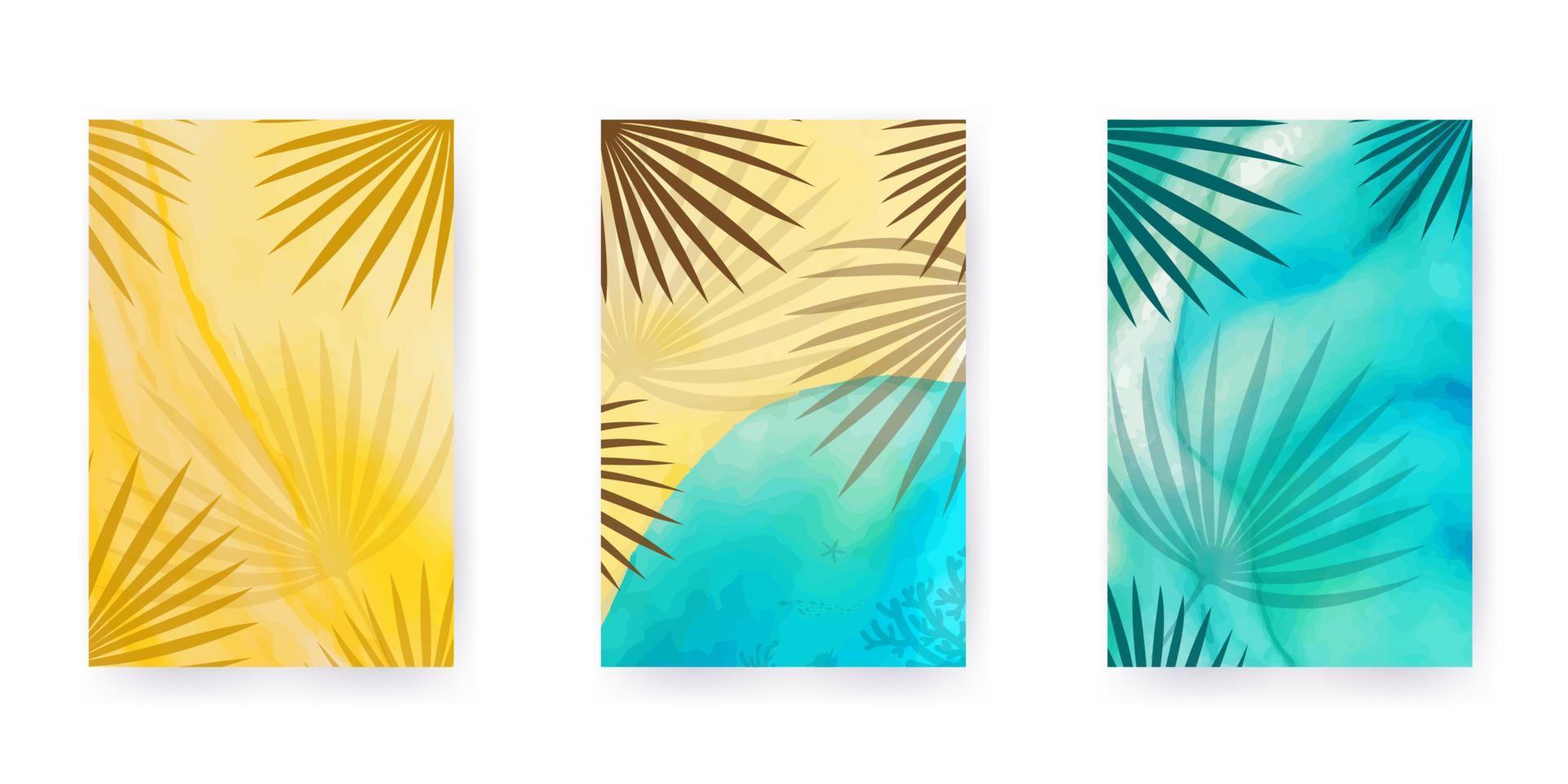 en uppsättning kreativa affischer på temat sommarlov. akvarell bakgrund med palmblad. sol, strand, hav, djungel. vacker vektorillustration. vektor