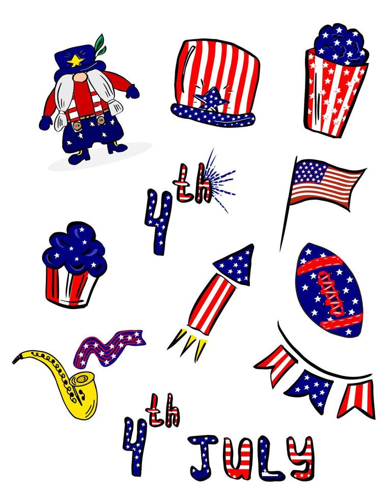 uppsättning av usa nationella symboler för självständighetsdagen. den 4 juli. element för gratulationskort och affischer. vektor, illustration. vektor
