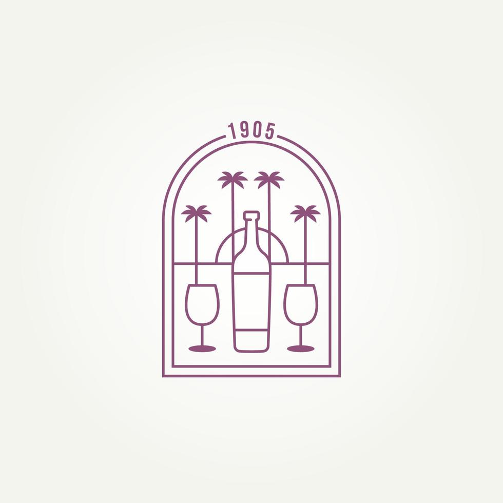 Weinglas und Flasche mit Strandblick Abzeichen Logo Vorlage Vektor Illustration Design. minimalistische weinkarte, restaurant, weingut emblem logo-konzept