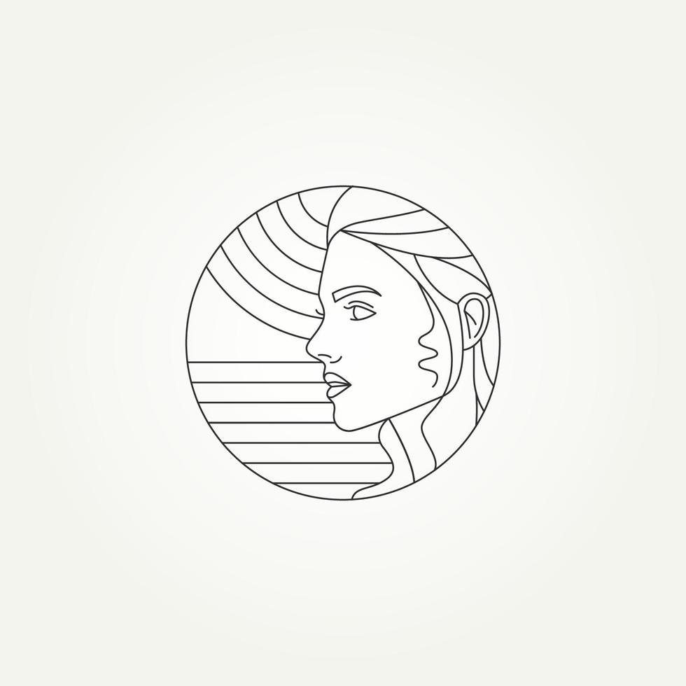 enkel vacker flicka ansikte linjekonst mall vektor illustration design. minimalistisk monoline flickansikte med geometrisk form inuti cirkeln