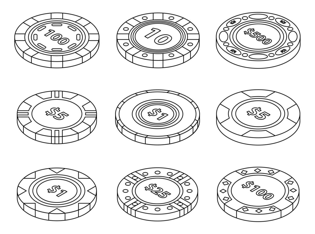 Symbole für Casino-Chips setzen Vektor-Outine vektor