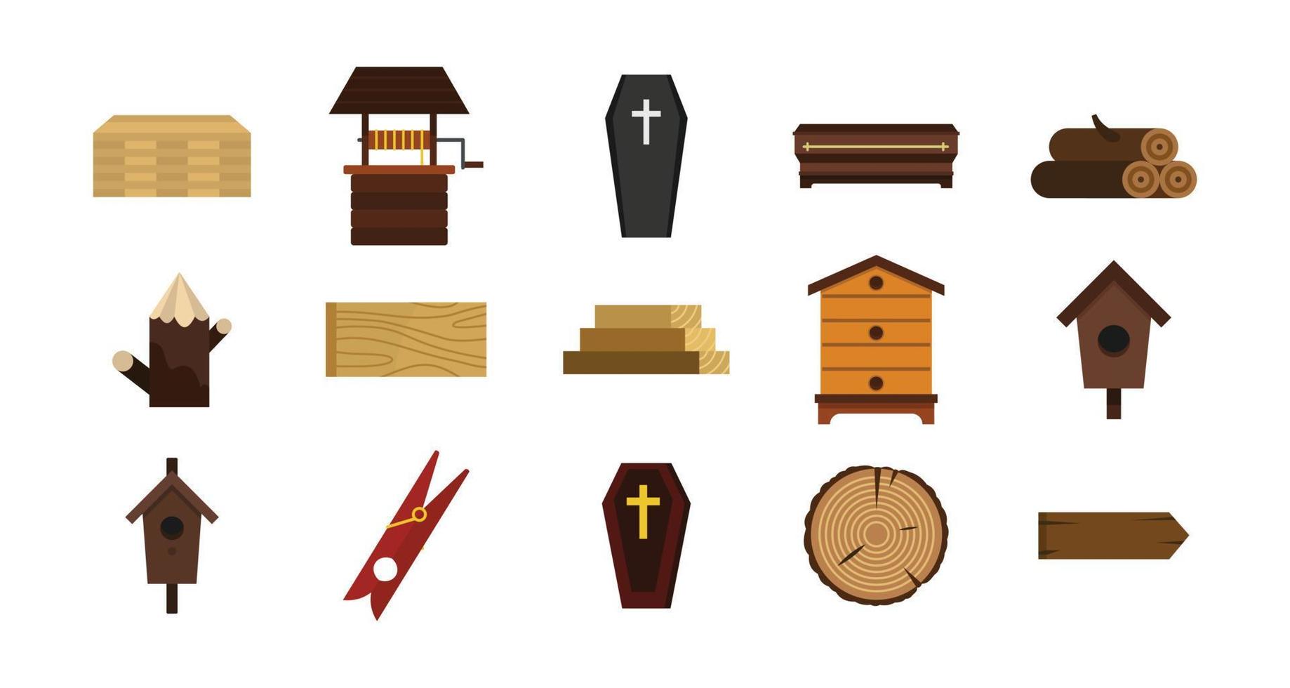 Holzobjekt-Icon-Set, flacher Stil vektor