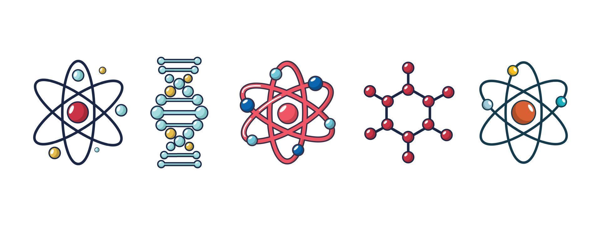 Molekül- und Atom-Icon-Set, Cartoon-Stil vektor