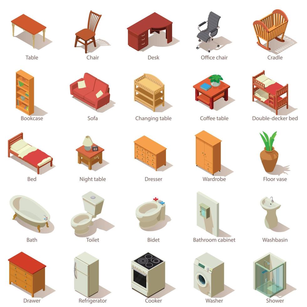 inhemska möbler ikoner set, isometrisk stil vektor