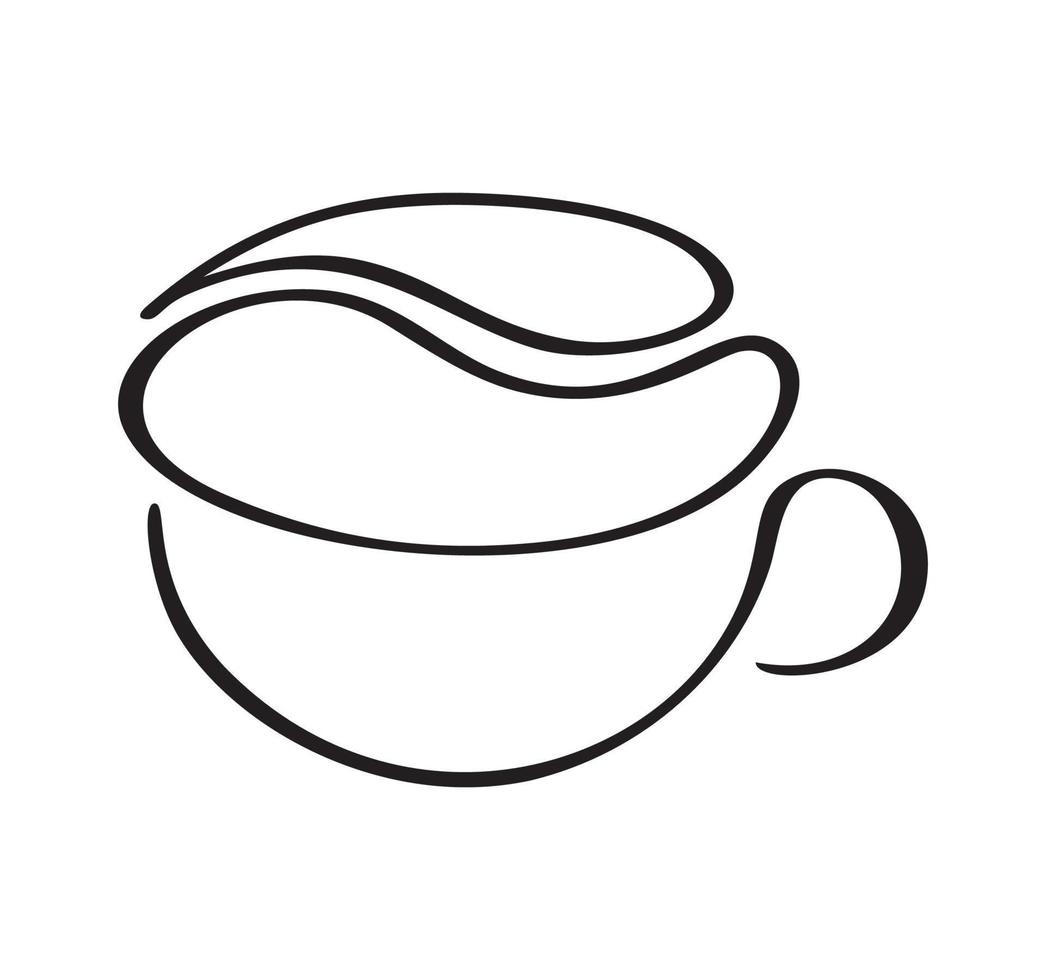 Vektorkalligrafie Kaffee- oder Teetasse und stilisierte Bohne. kalligrafische konzeptillustration in schwarz-weiß. handgezeichnetes design für logo, symbolcafé, menü, textilmaterial vektor