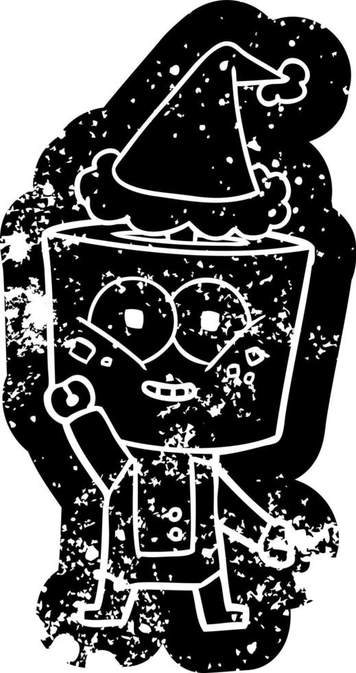 Fröhliche Cartoon-Distressed-Ikone eines Roboters, der hallo mit Weihnachtsmütze winkt vektor