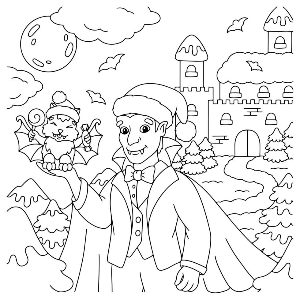 Graf Dracula. Malbuchseite für Kinder. Zeichentrickfigur. Vektor-Illustration isoliert auf weißem Hintergrund. vektor