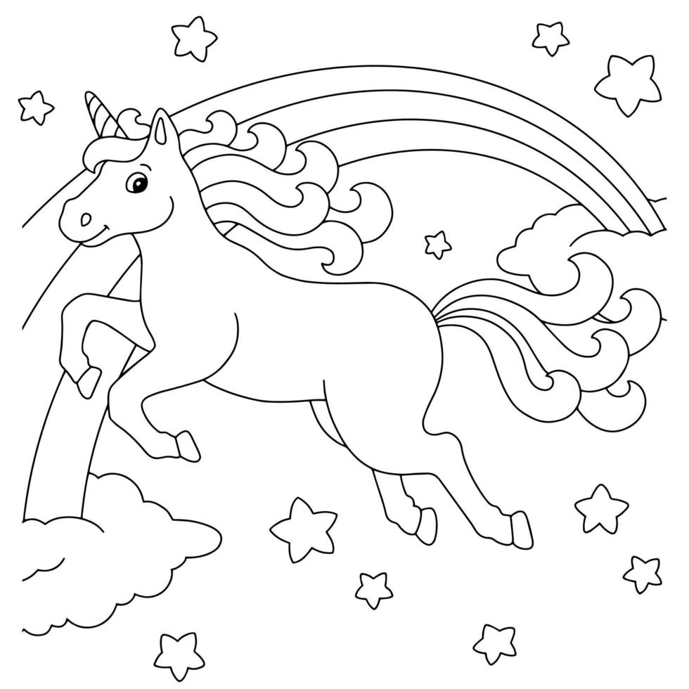 magisk enhörning. älva häst. målarbok sida för barn. seriefigur. vektor illustration isolerad på vit bakgrund.
