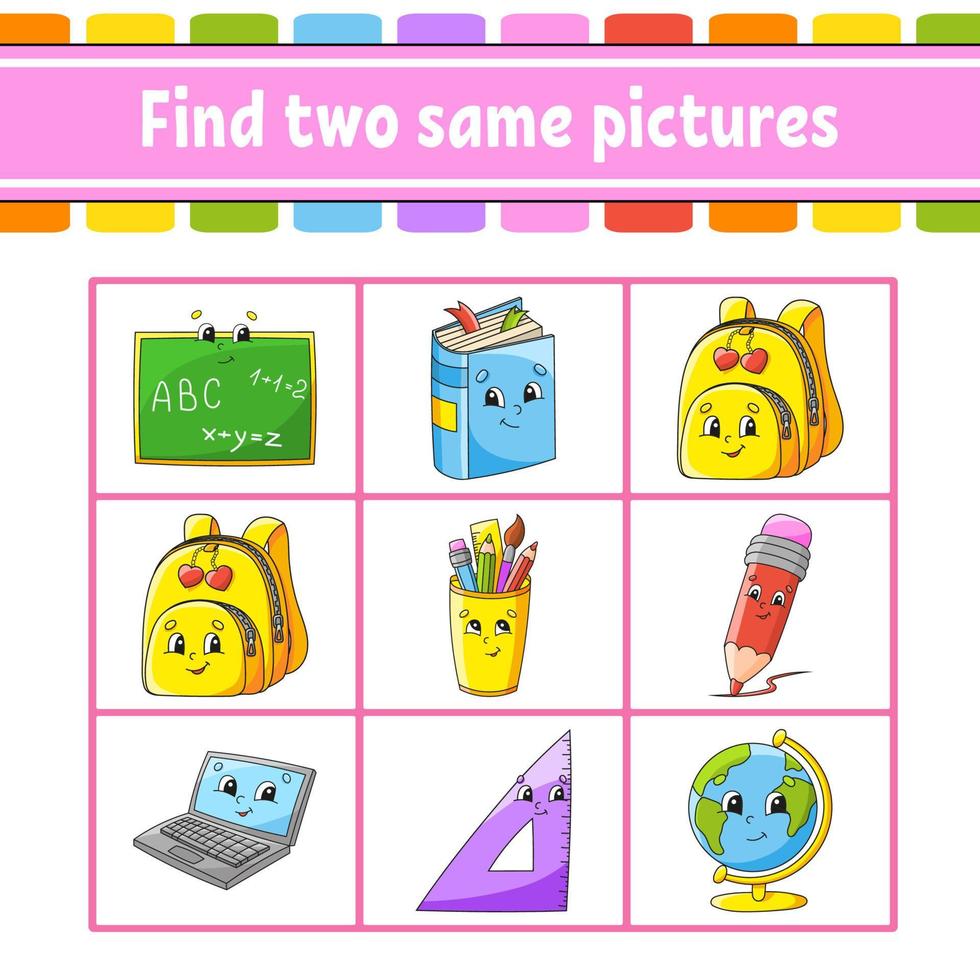 Finden Sie zwei gleiche Bilder. Aufgabe für Kinder. arbeitsblatt zur bildungsentwicklung. Aktivitätsseite. Farbspiel für Kinder. lustiger Charakter. isolierte vektorillustration. Cartoon-Stil. vektor