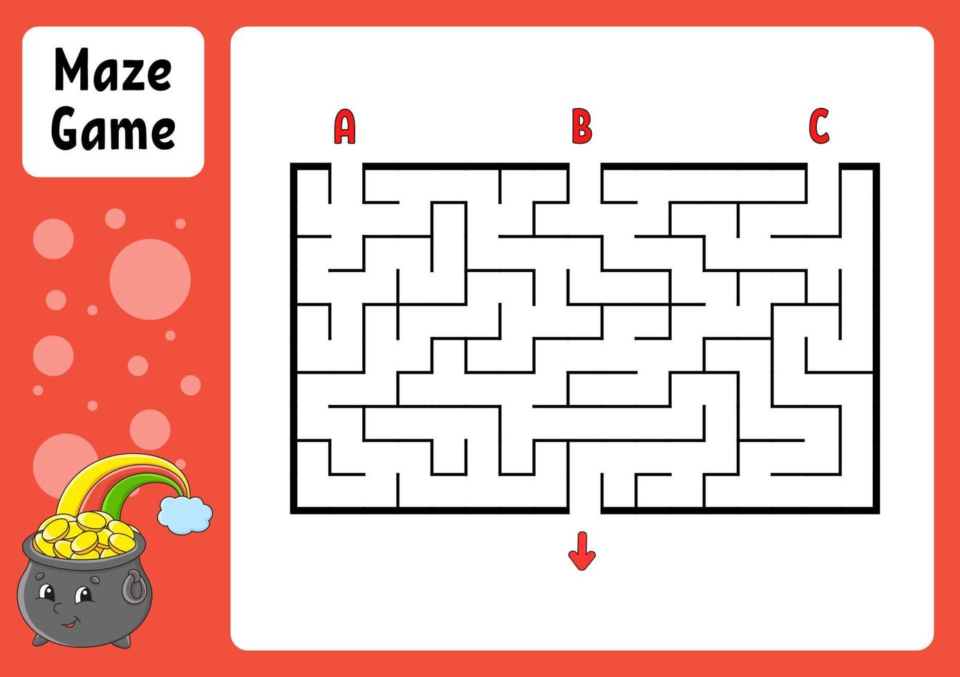 rechteckiges Labyrinth. Spiel für Kinder. drei Eingänge, ein Ausgang. Arbeitsblatt Bildung. Puzzle für Kinder. Labyrinth Rätsel. Farbvektorillustration. den richtigen Weg finden. Zeichentrickfigur. vektor