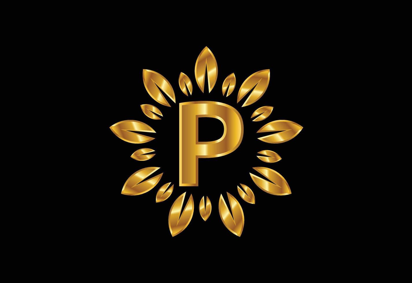 anfängliches p-monogramm-buchstabenalphabet mit goldenem blattkranz. Blumen-Logo-Design-Konzept vektor