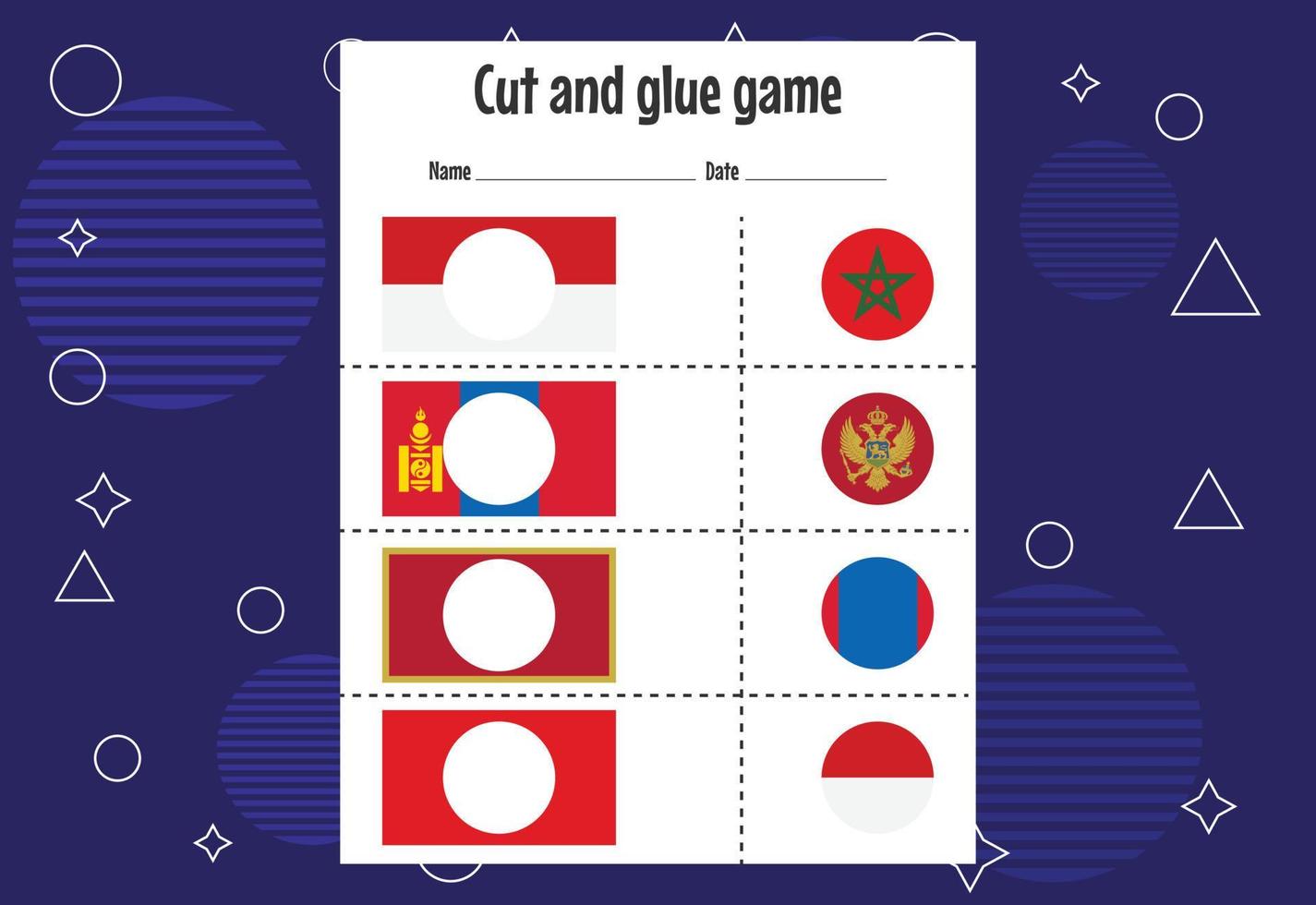 klipp och lim spel för barn med landsflagga. klippträning för förskolebarn. utbildning pappersspel för barn vektor