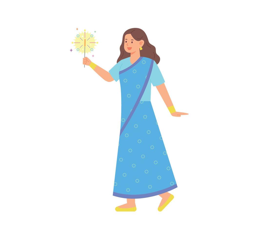 Eine Frau in traditioneller indischer Kleidung freut sich mit einer Wunderkerze in der Hand. vektor