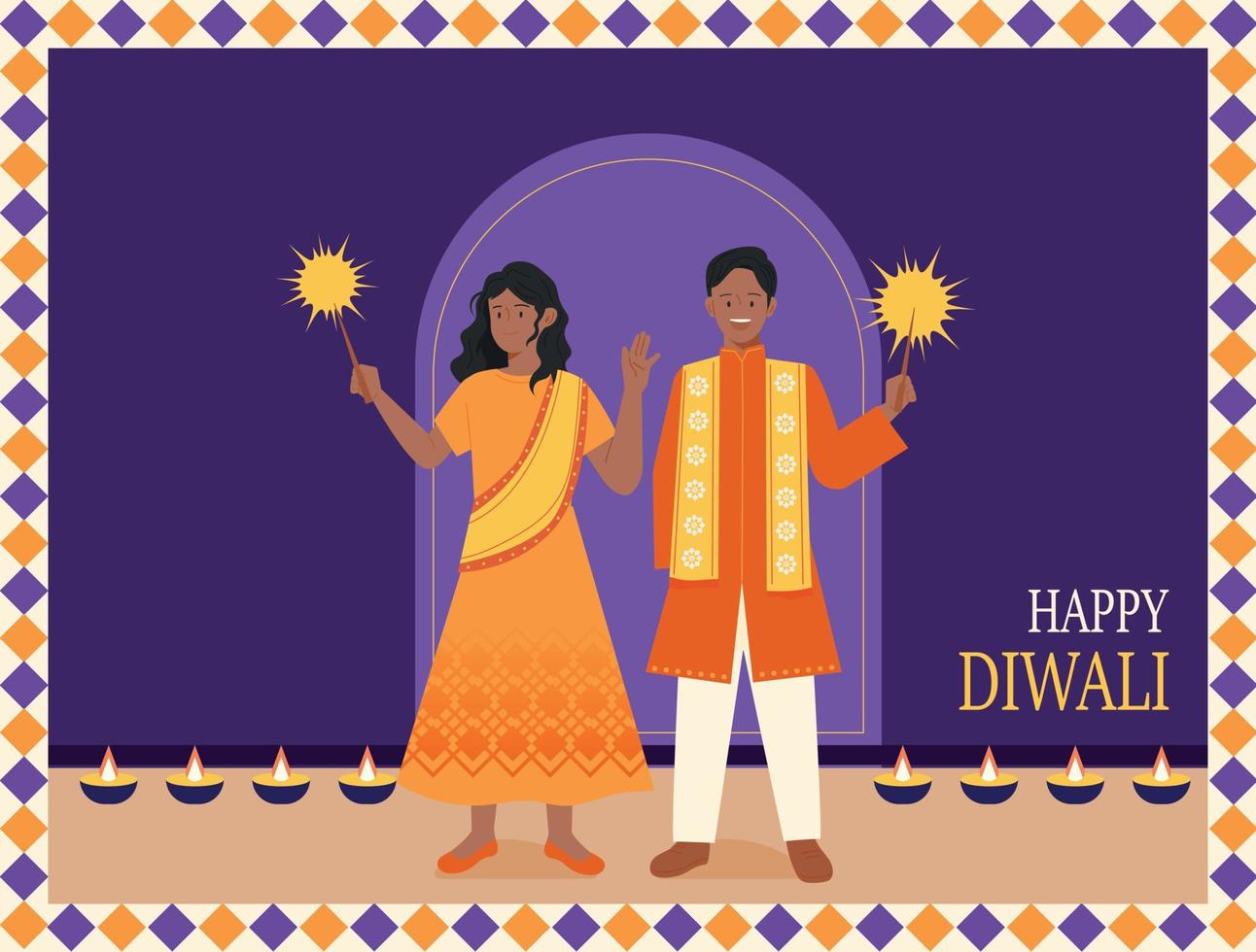 Diwali-Festplakat. Eine Frau und ein Mann in traditionellen indischen Kostümen halten eine Wunderkerze in den Händen und genießen das Fest. vektor