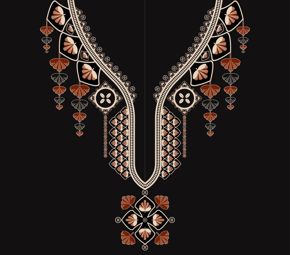 ethnisches afrikanisches Ausschnittmuster rot-goldenes Blumenformdesign auf schwarzem Hintergrund. elegante Stammeskunst für Hemden. vektor