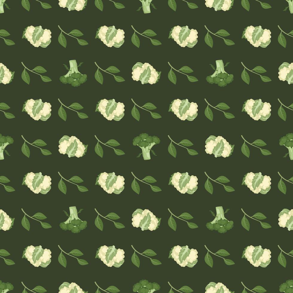 seamless mönster med grön broccoli, blomkål och leaves.print av grönsaker på mörk bakgrund. mat för hälsosam kost. naturlig produkt lämplig för vegetarianer. platt vektor illustration