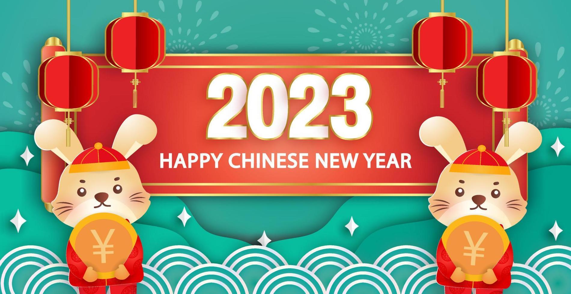 chinesisches neujahr 2023 jahr des kaninchenbanners im papierschnittstil. vektor