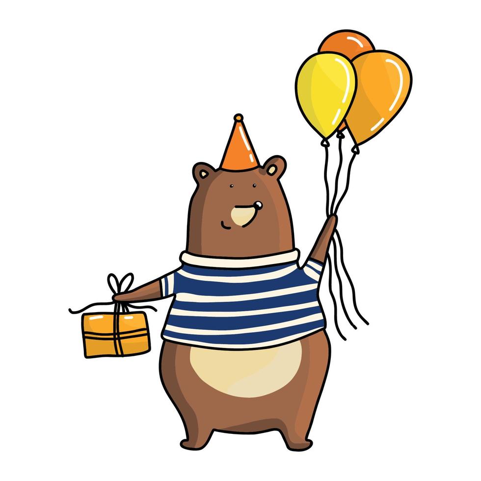 söt björn i en festmössa med ballonger. vektortryck för barnrum, tyg, papper, gratulationskort, vykort, kort, t-shirt, affisch, textil. vektor illustration