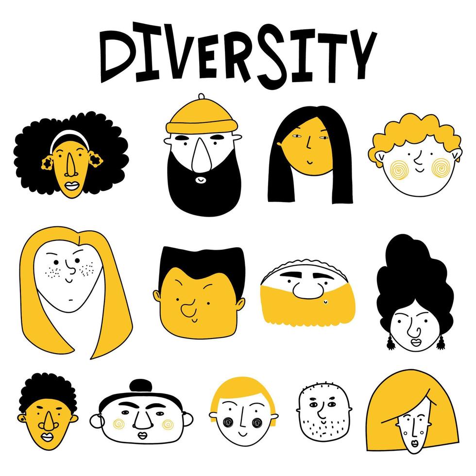 samling av söta och olika handritade ansikten i svart, gult och vitt. doodle-stil människor ikoner för design, klistermärken, utskrifter vektor