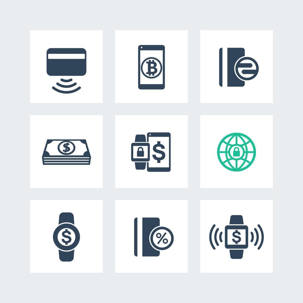 moderna betalningsmetoder ikoner set, betalning med bärbara enheter vektor tecken, kontaktlöst kort piktogram isolerad på vitt, vektor illustration