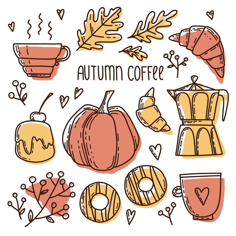 vektor mysigt höstset med söt höstpumpa, gräddkakor, varm chokladdryck, kaffekanna, munkar, croissanter, eklöv, rönnbär och hjärtan. handritade doodles