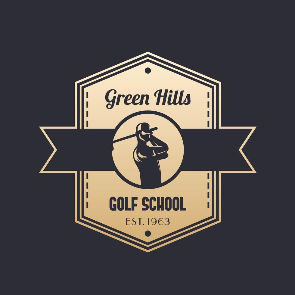golfskola vintage logotyp, emblem med golfare vektor