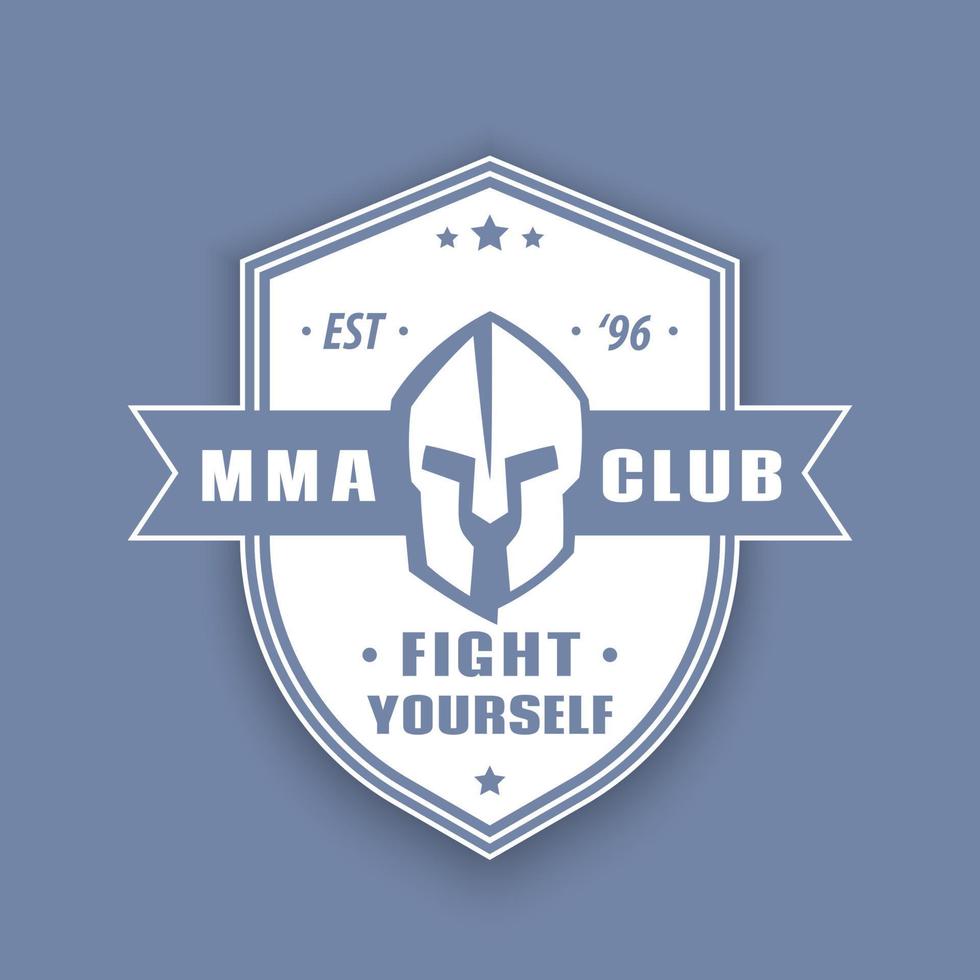 mma club vintage emblem, skylt, logotyp med spartansk hjälm på sköld, vektorillustration vektor