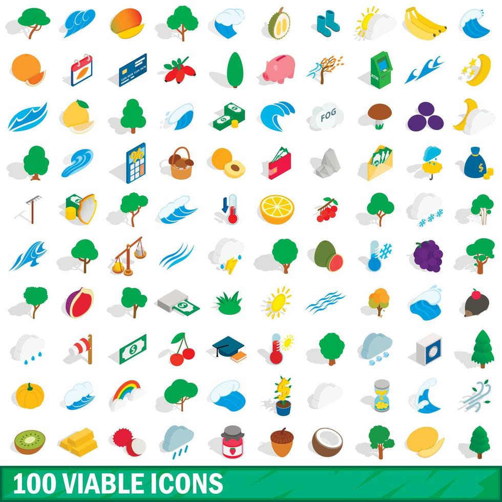 100 livskraftiga ikoner set, isometrisk 3d-stil vektor