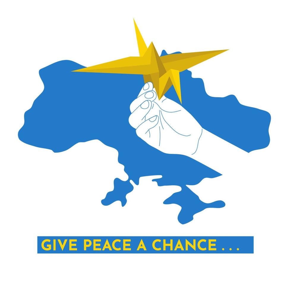 barn hand håller en papper origami kran japansk fred och ingen atombomb symbol på ukrainska kartan siluett bakgrund, ge fred en chans text blå gul vektorillustration vektor