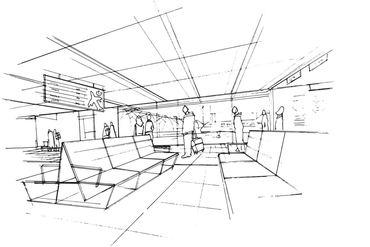 Skizze Zeichnung Flughafen Sitzbereich, Zeichnung von Menschen, die auf einem internationalen Flughafen reisen, modernes Design, Vektor, 2D-Illustration vektor