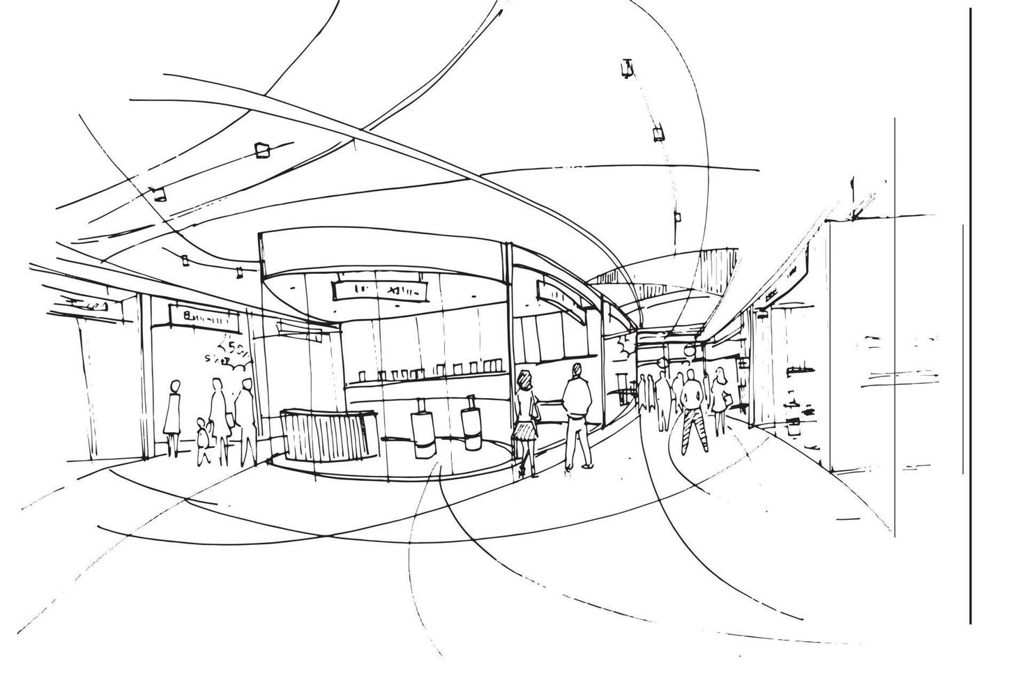 Einkaufszentrum Skizzenzeichnung, Modegeschäfte und Menschen, die herumlaufen., modernes Design, Vektor, 2D-Illustration vektor