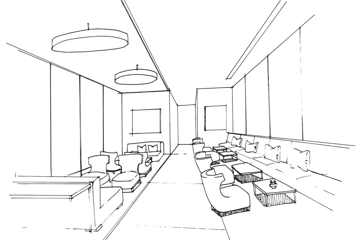 Skizzenzeichnung einer Lobby-Lounge und eines Korridorbereichs, modernes Design, Vektor, 2D-Illustration. vektor