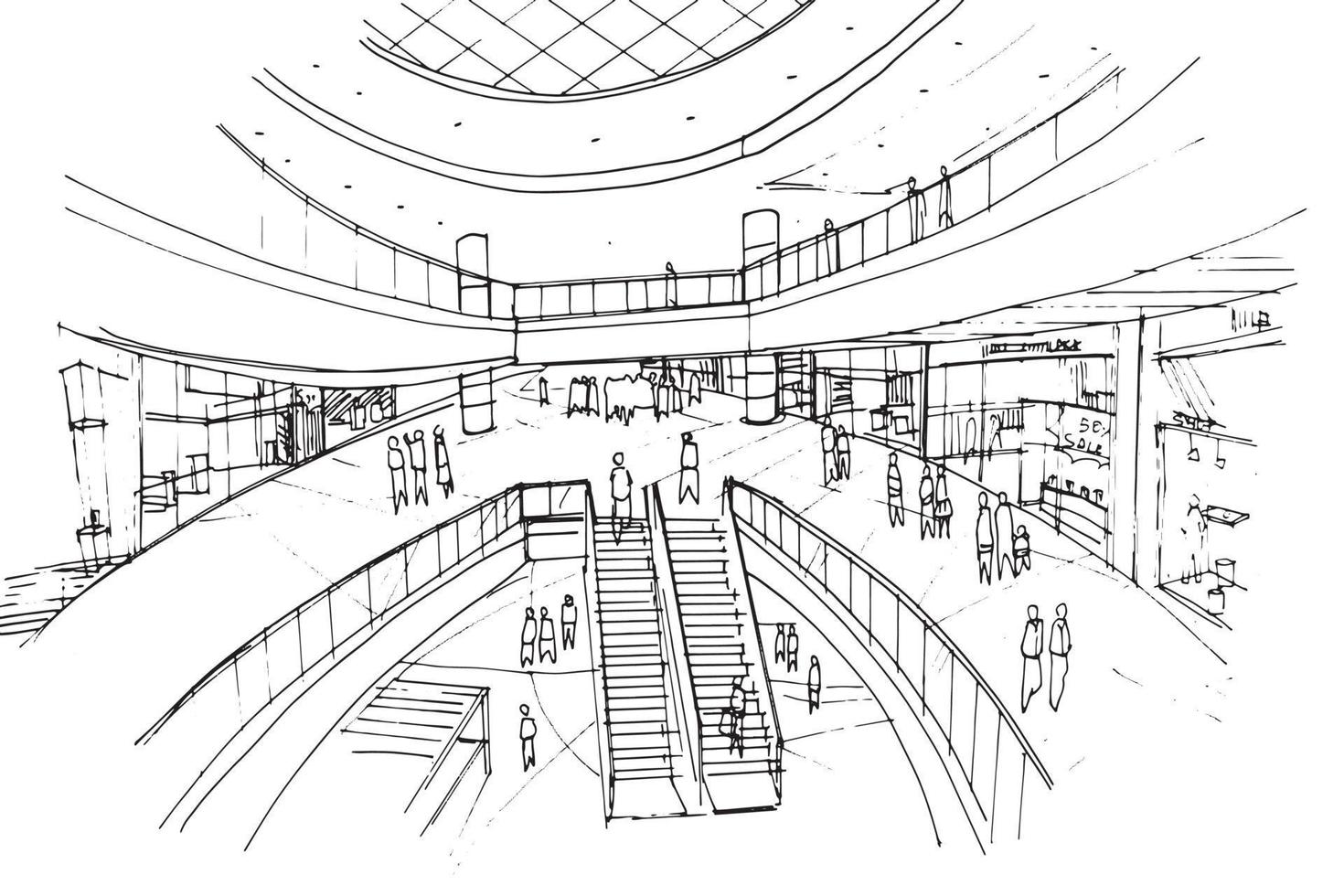 Mall-Skizzenzeichnung, Modegeschäfte und Menschen, die herumlaufen., modernes Design, Vektor, 2D-Illustration vektor