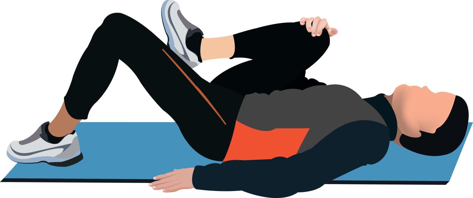 postural gymnastikövning. illustrationen visar en man på en matta som utför en stretchövning. vektor