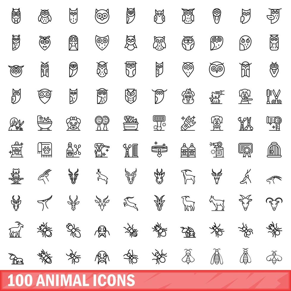 100 Tiersymbole gesetzt, Umrissstil vektor