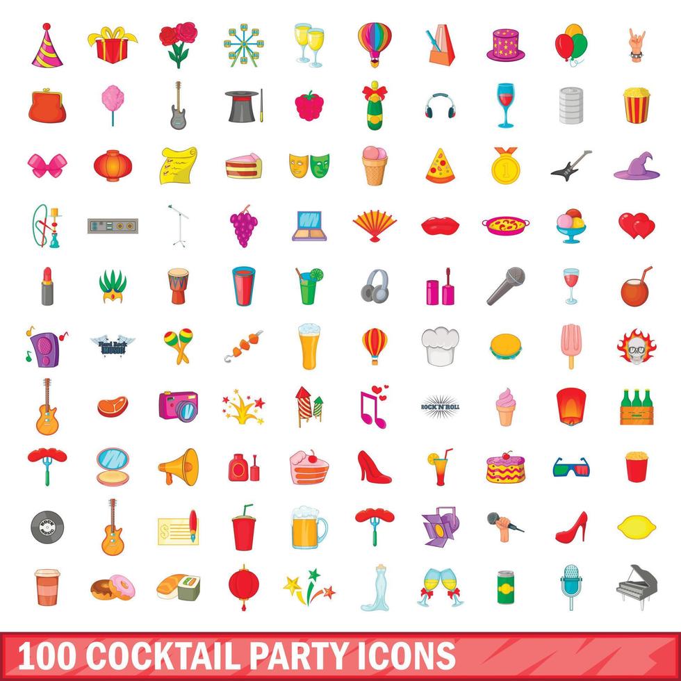 100 cocktailparty ikoner set, tecknad stil vektor