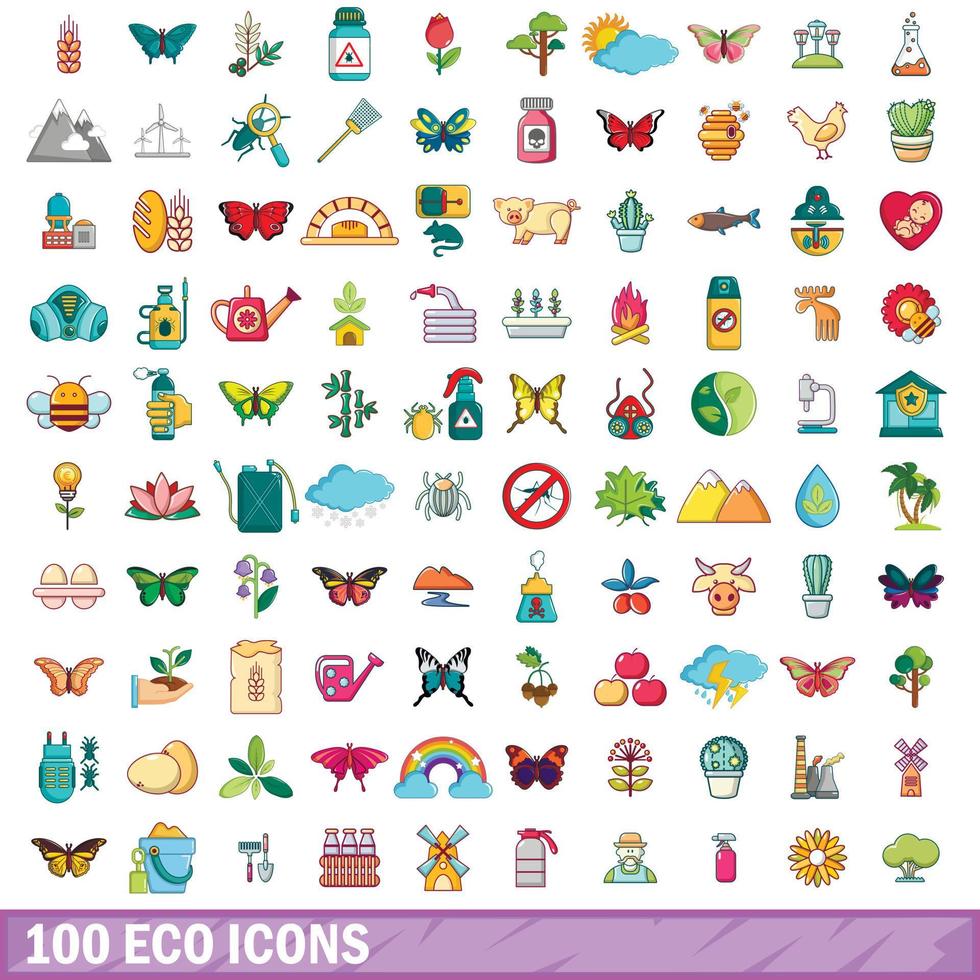 100 Öko-Icons gesetzt, Cartoon-Stil vektor
