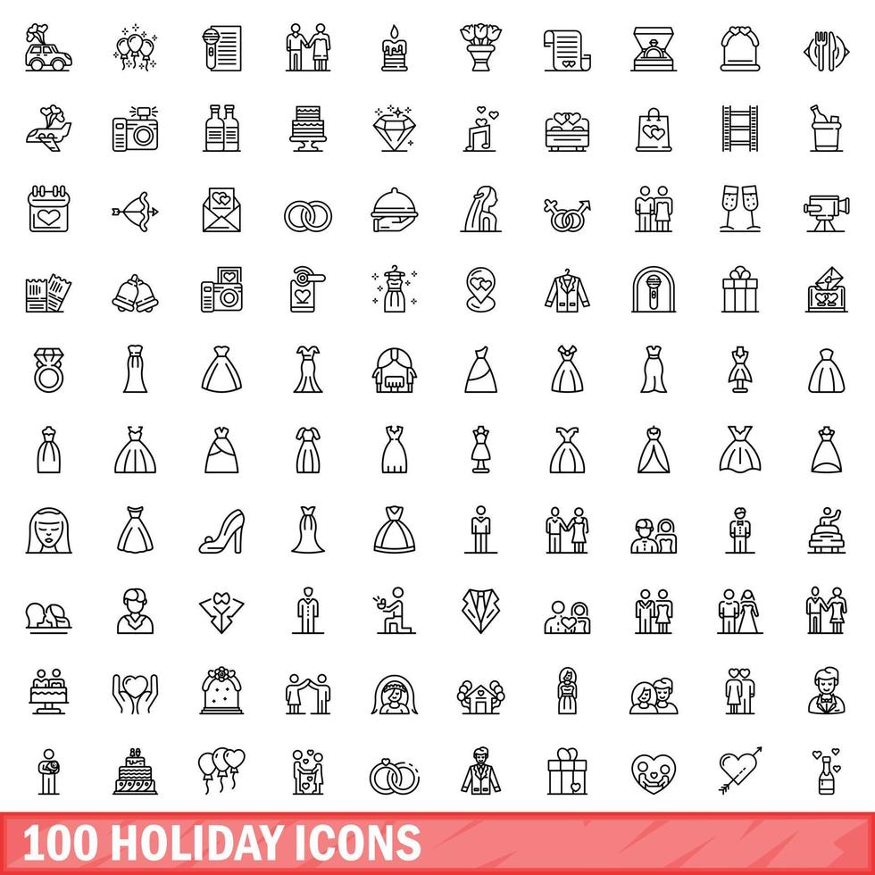 100 semester ikoner set, kontur stil vektor