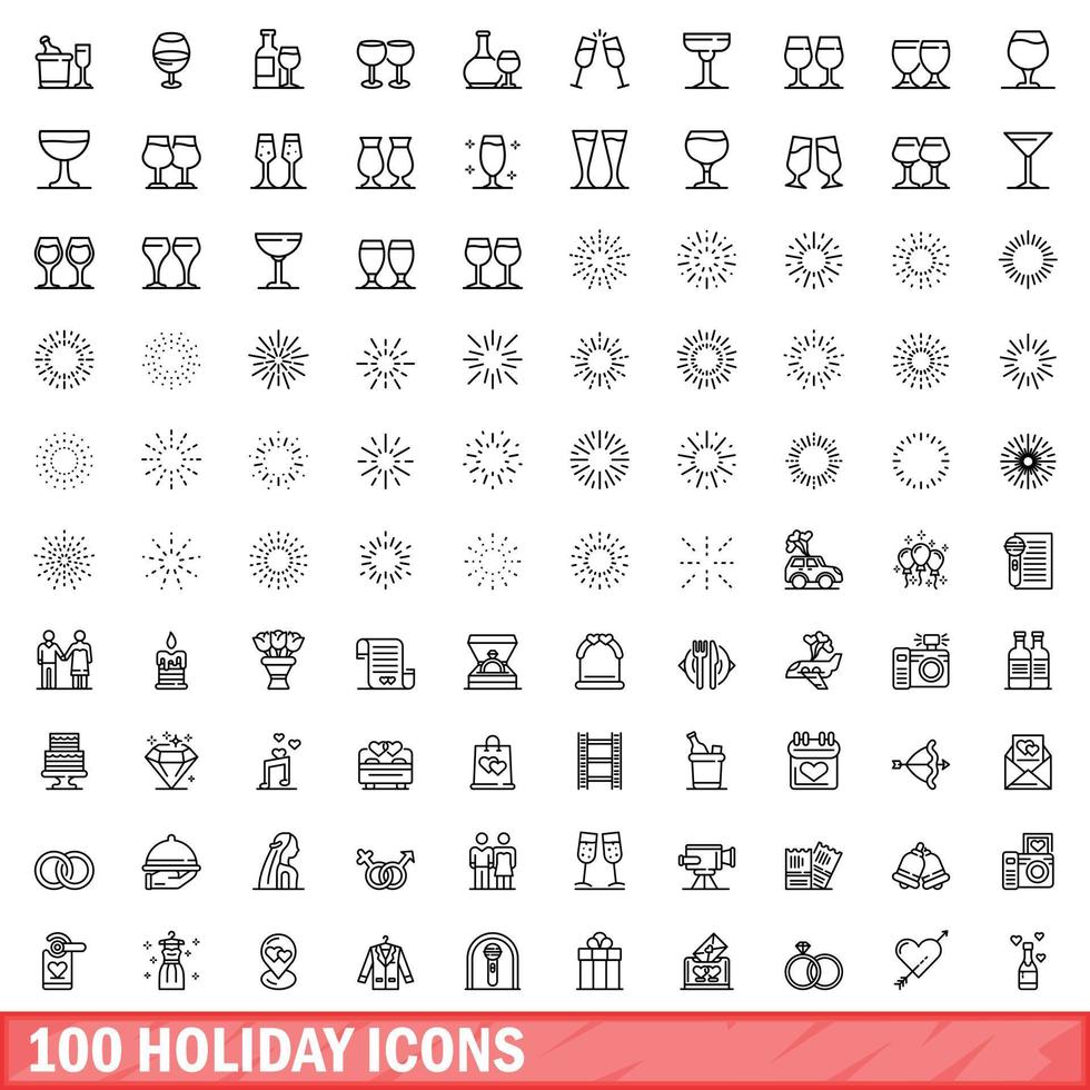 100 semester ikoner set, kontur stil vektor