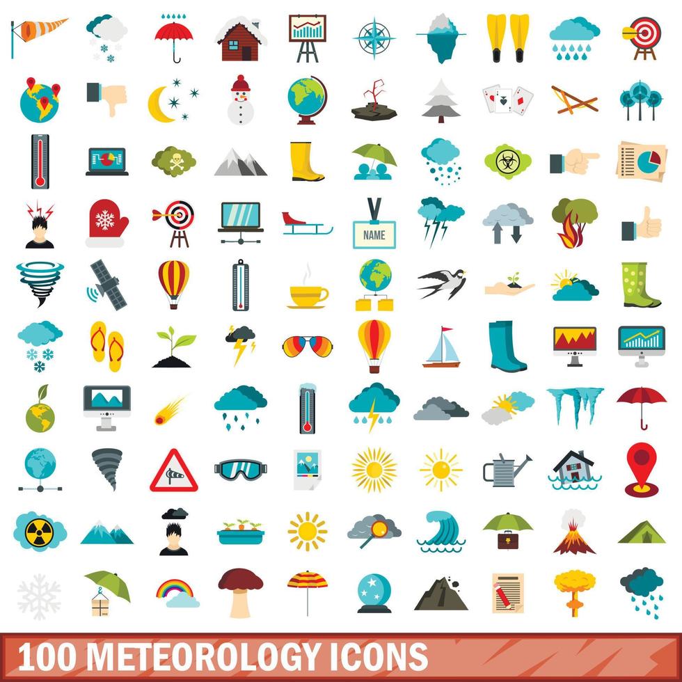 100 Meteorologie-Icons gesetzt, flacher Stil vektor