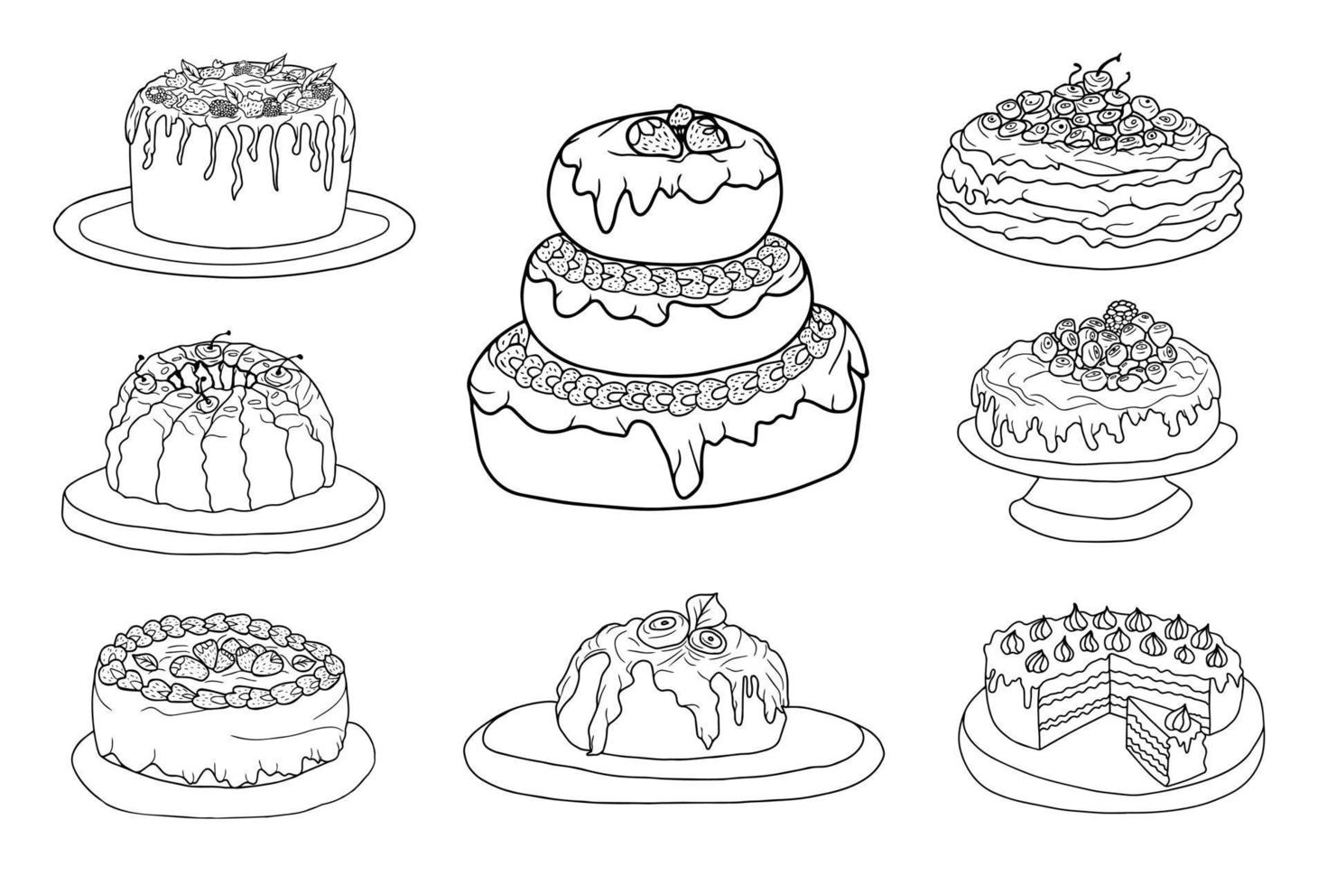 Reihe von handgezeichneten Kuchen mit Sahne, Streuseln und Beeren. isolierte schwarze auf weißen elemente für design vektor