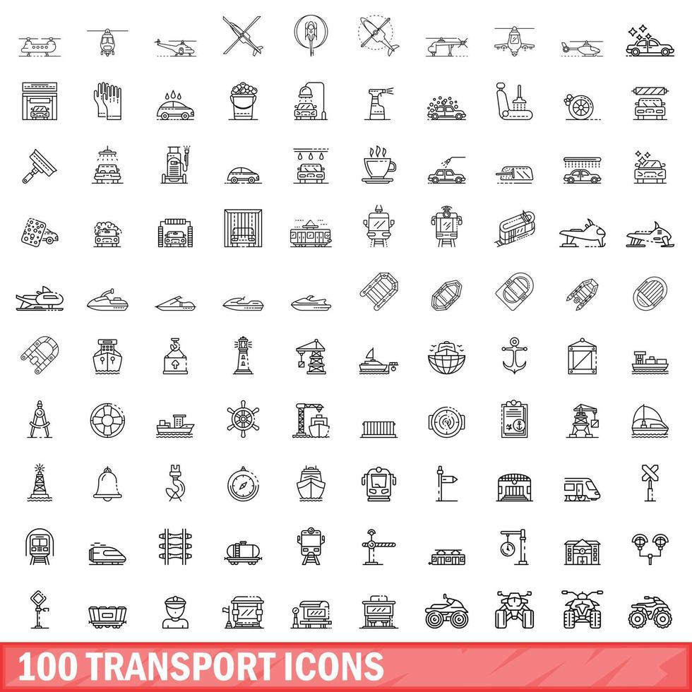 100 Transportsymbole gesetzt, Umrissstil vektor