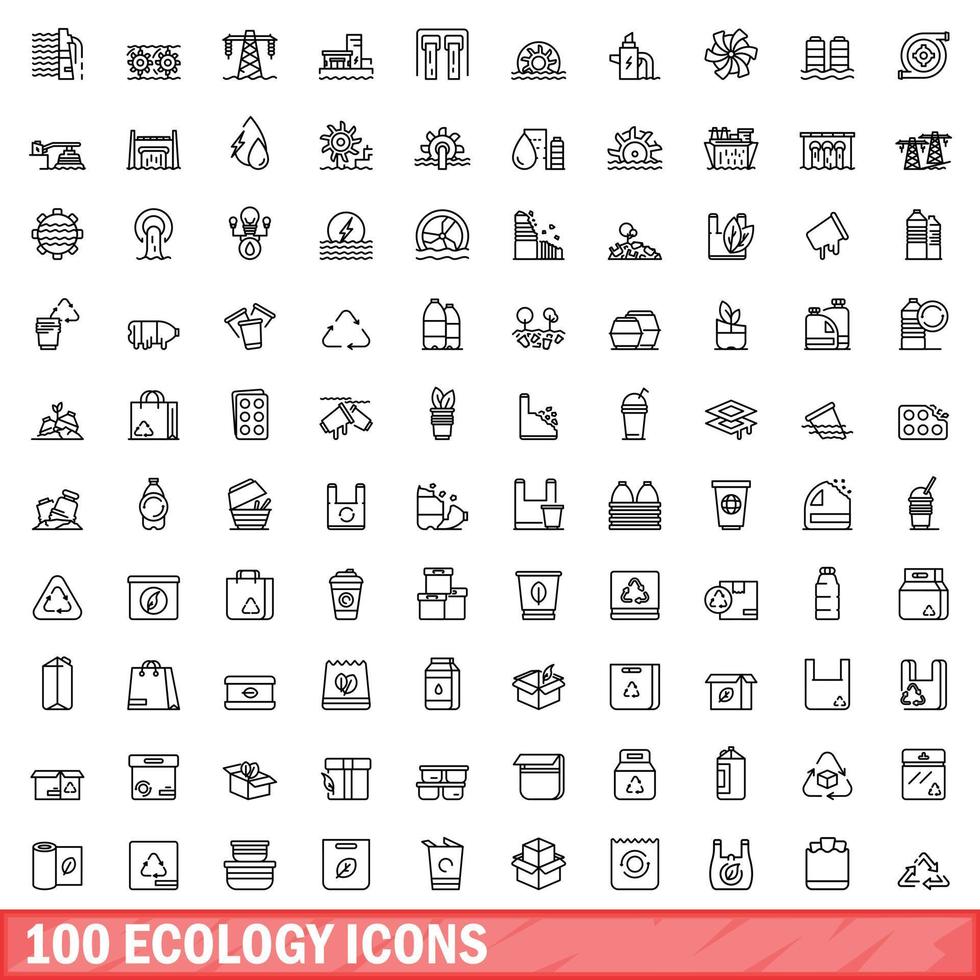 100 Ökologie-Icons gesetzt, Umrissstil vektor