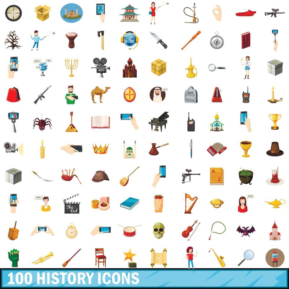 100 historia ikoner set, tecknad stil vektor