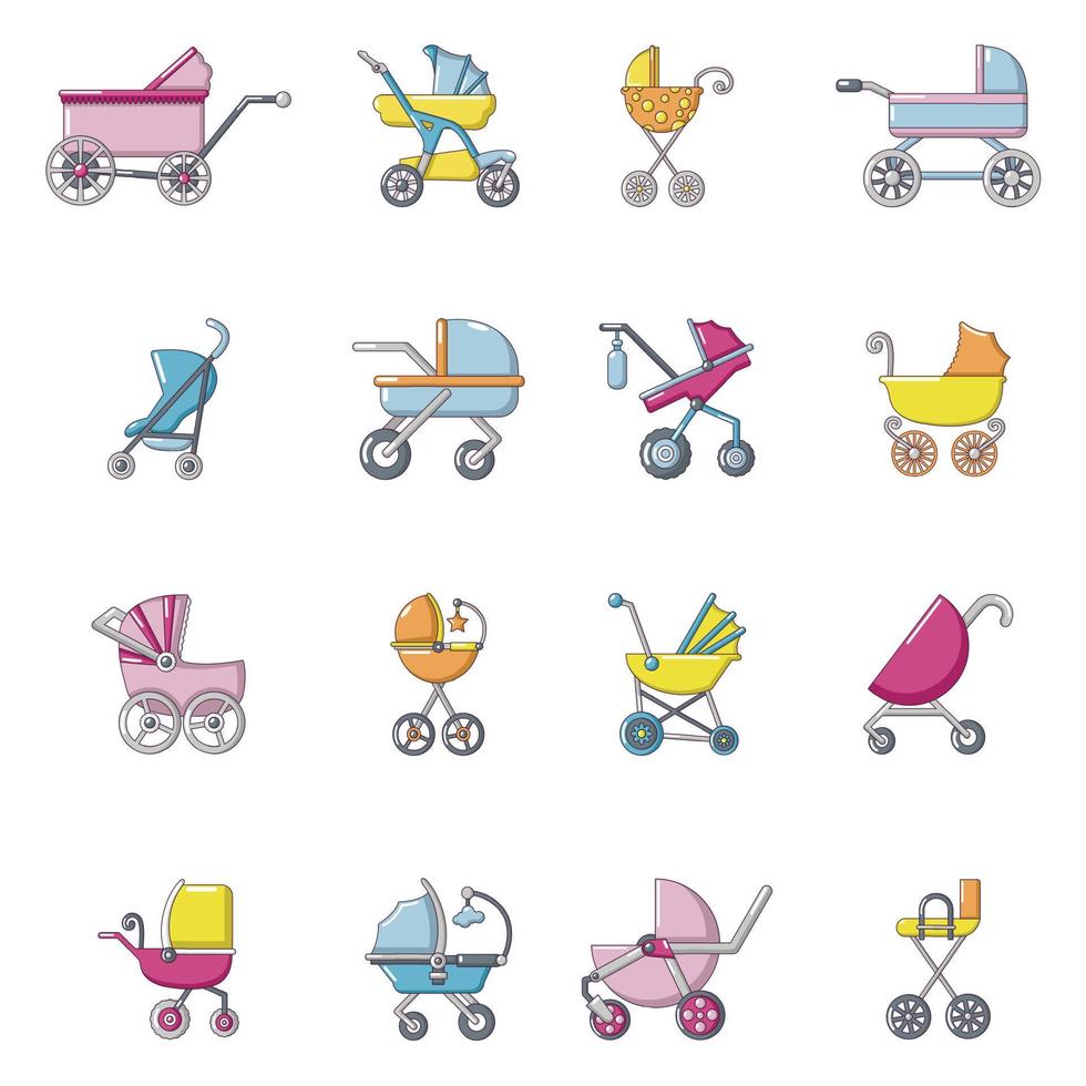 barnvagn ikoner set, tecknad stil vektor