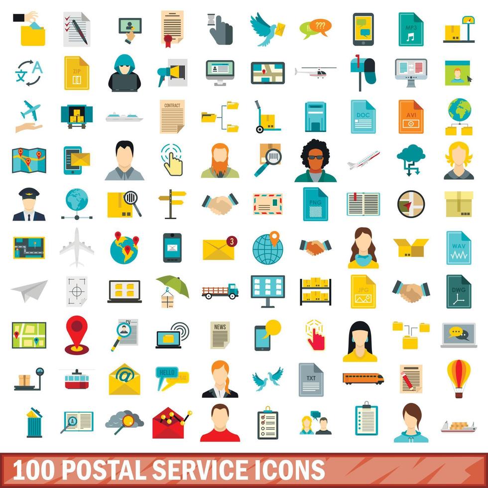 100 Postdienst-Icons gesetzt, flacher Stil vektor