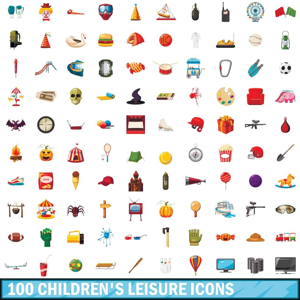 100 barn fritid ikoner set, tecknad stil vektor