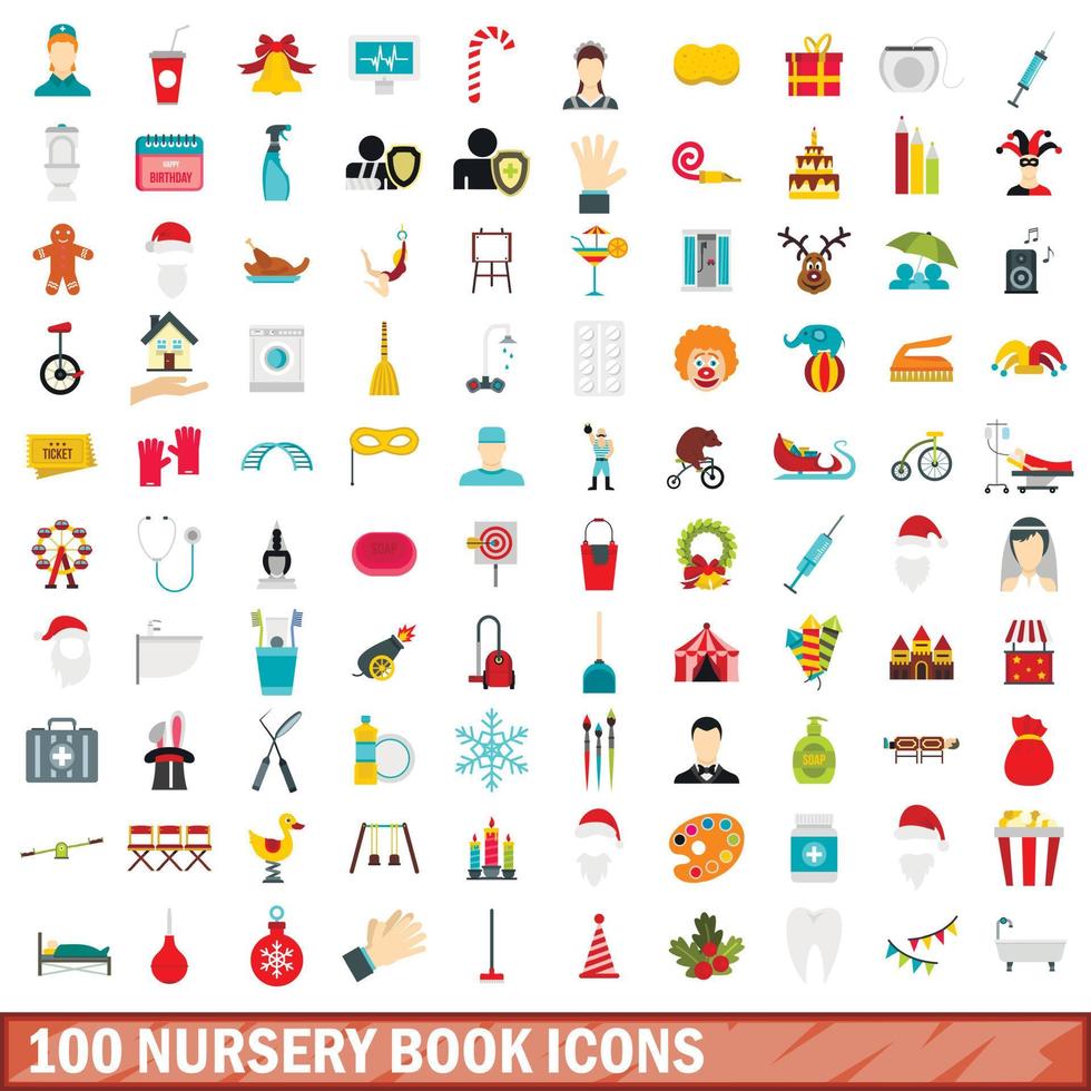 100 Kinderzimmer-Buch-Icons gesetzt, flacher Stil vektor